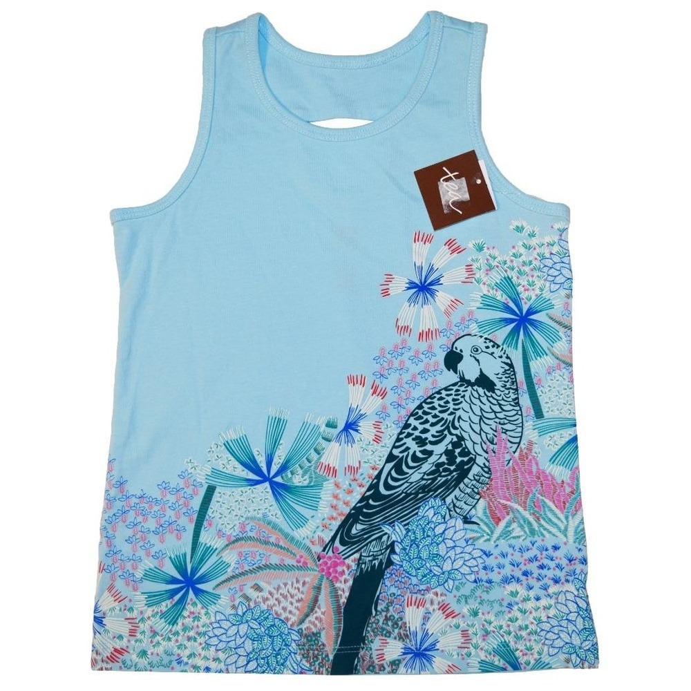 Tea Girls Size 5 Small Blue Floral Parrot Cotton Tank Top Sleeveless Shirt NWT